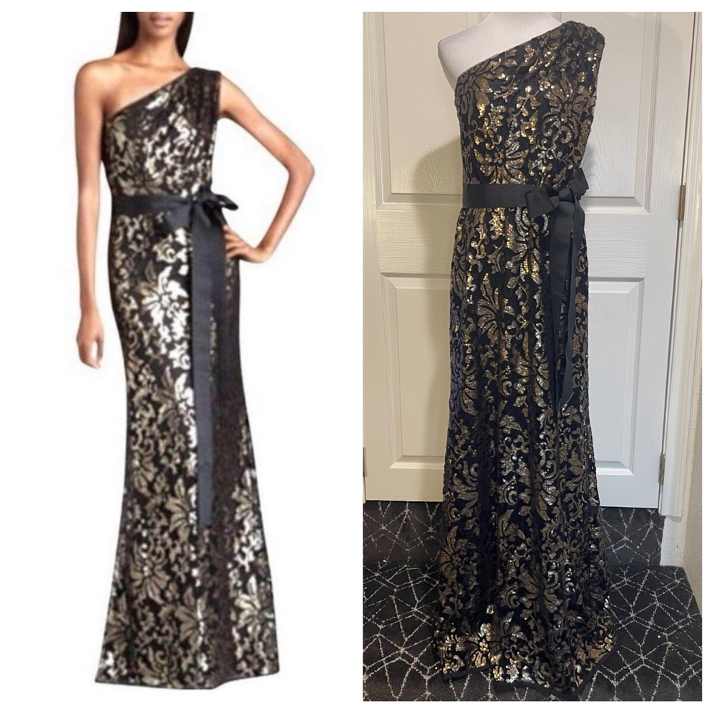 Tadashi Shoji One-Shoulder Dress in Black and Gold